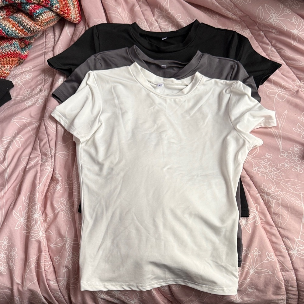 Set of Three T-Shirts in Black, Gray, and White